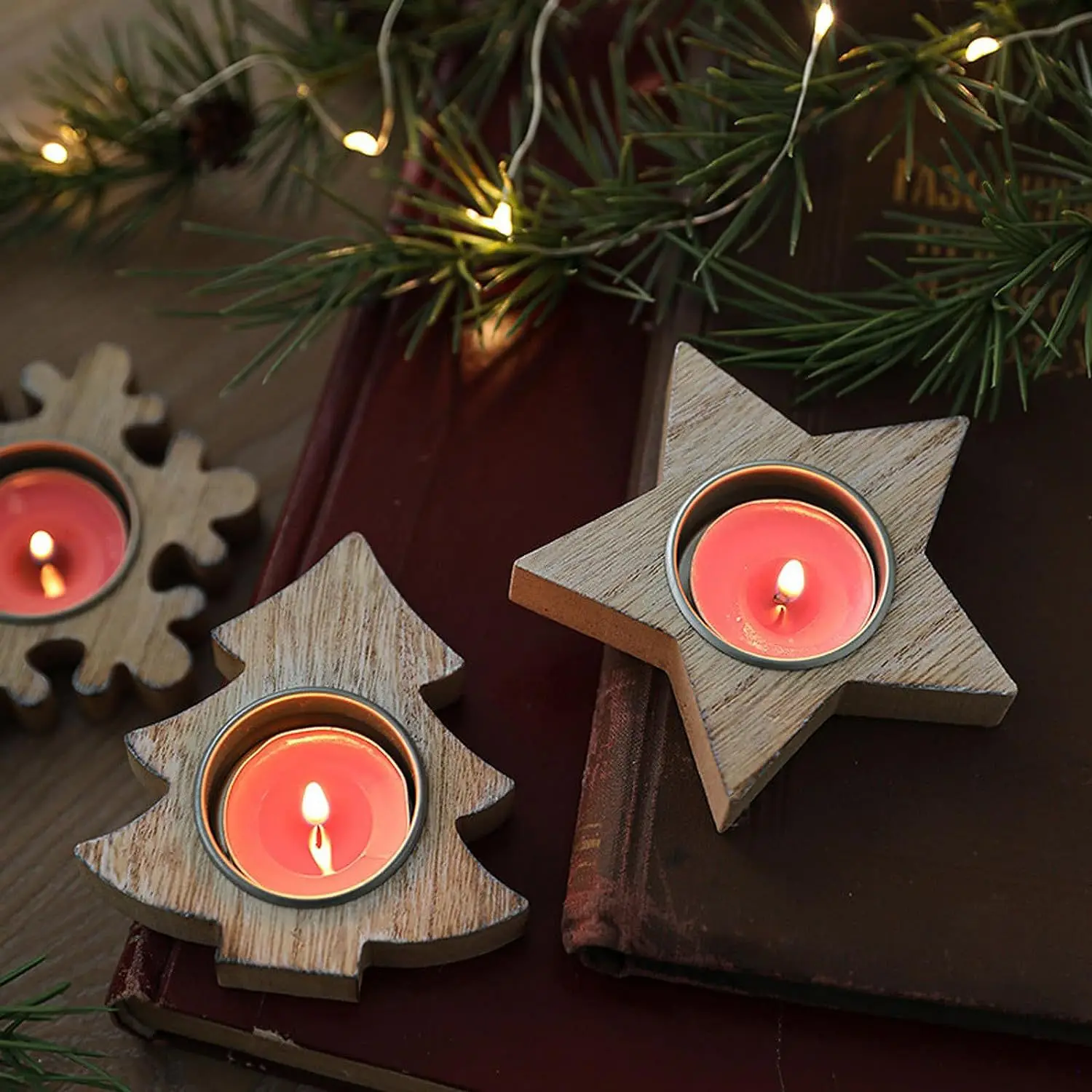 1PC Christmas Wooden Crafts Christmas Tree Five Pointed Star Snowflake Love Candlestick Home Desktop Holiday Decoration