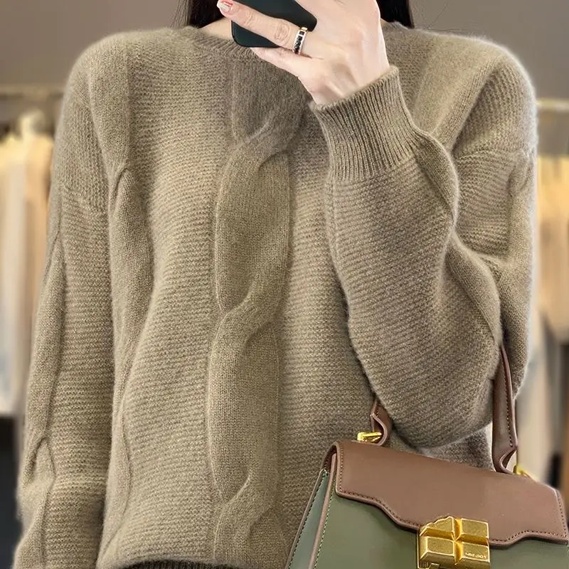 

Cashmere sweater pullover Women autumn and winter o neck twisted pattern solid sweater pullover casual loose wool sweater female