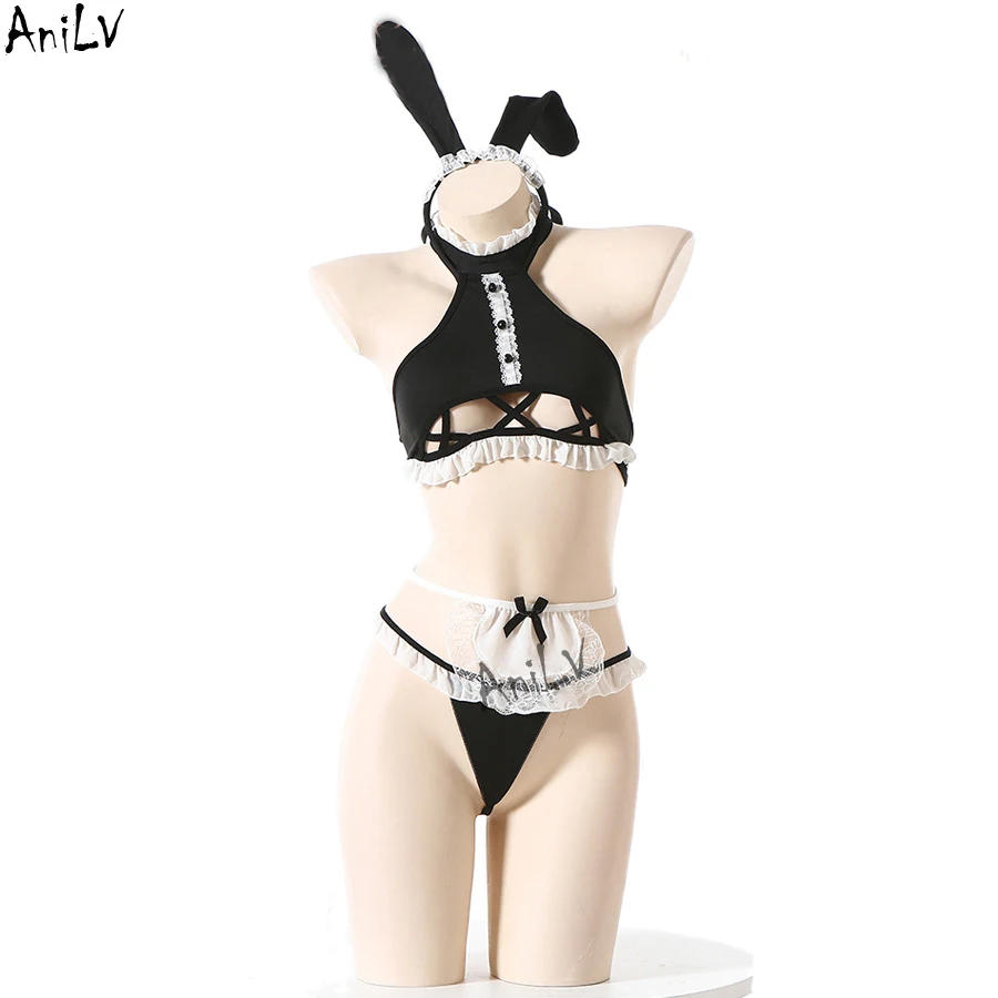 AniLV Anime Cute Bunny Maid Erotic Lingerie Outfit Costume Women Chest Hollow Temperament Underwear Set Cosplay