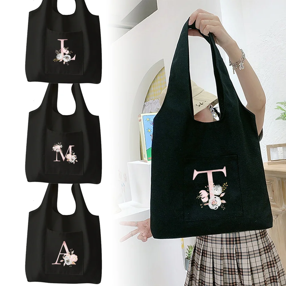 

New Women's Shopping Bag Canvas Shoulder Bag Fashionable Rose Letter Pattern Printed Women's Handbag Commuting Basic Vest Bag