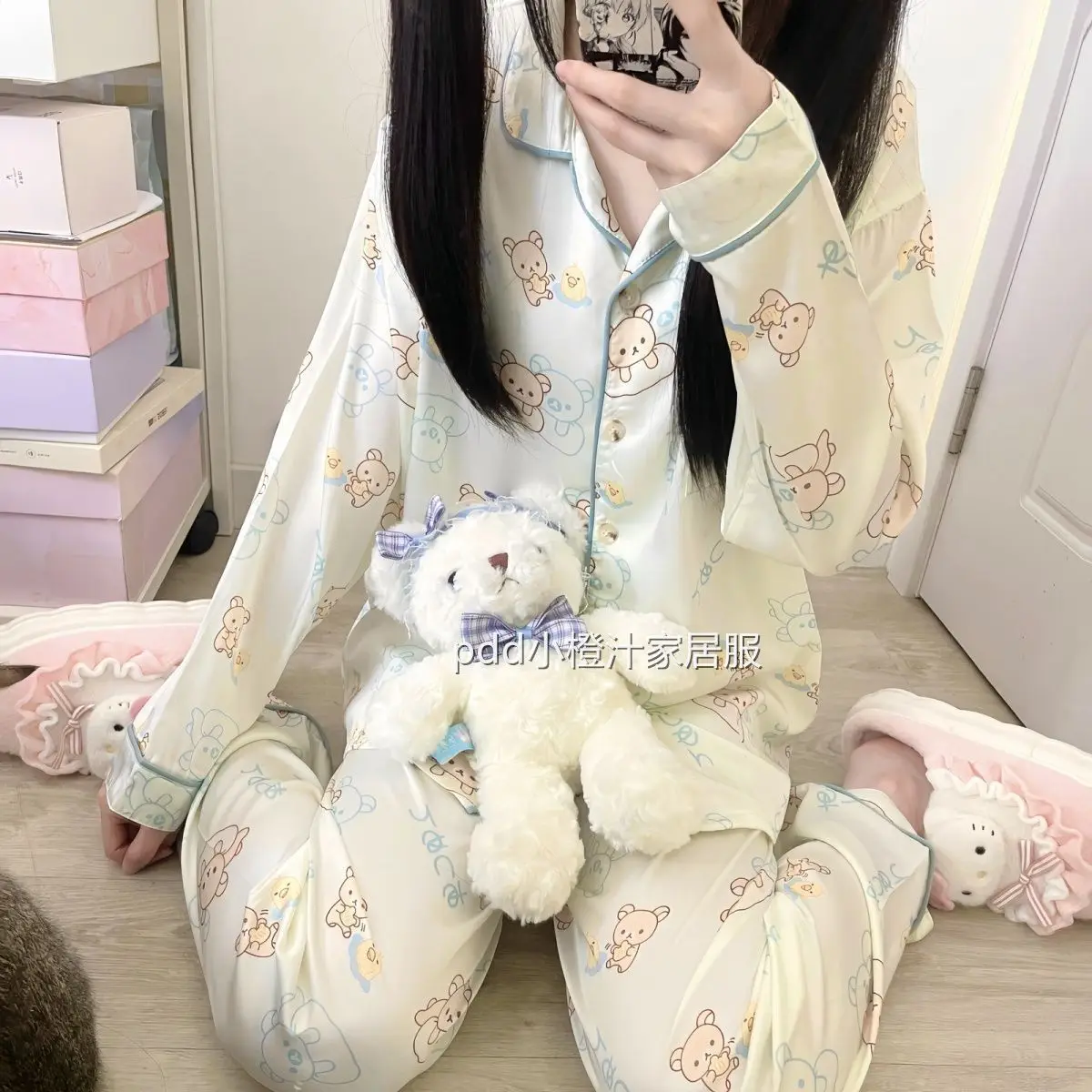 Kawaii Rilakkumas منامة للنساء ربيع الخريف الإنترنت الشهيرة طويلة الأكمام السراويل الطويلة لطيف طالب المنزل مجموعة الفتيات الهدايا اللعب