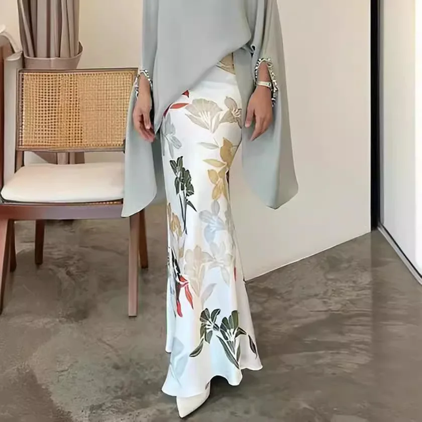 Print Irregular Long Skirt Sets Woman Two Piece Outfits O Neck Bat Sleeve Tops Matching Sets Long Dresses 2025