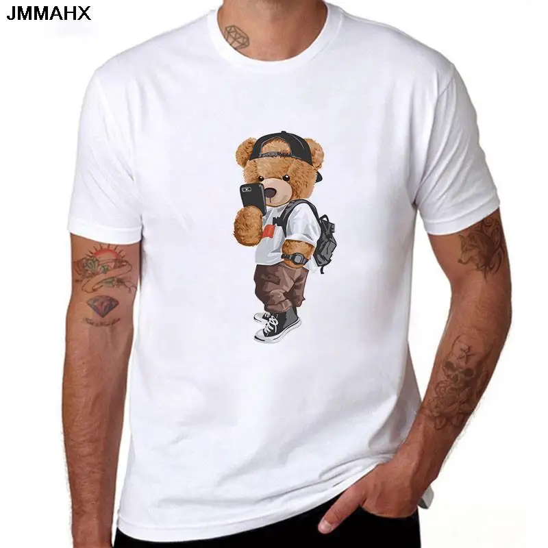 New Fashion Trend Bear Printed T-shirt For Men Harajuku Short-sleeved White Tops T Shirt Casual Streetwear Men's Clothing Tshirt