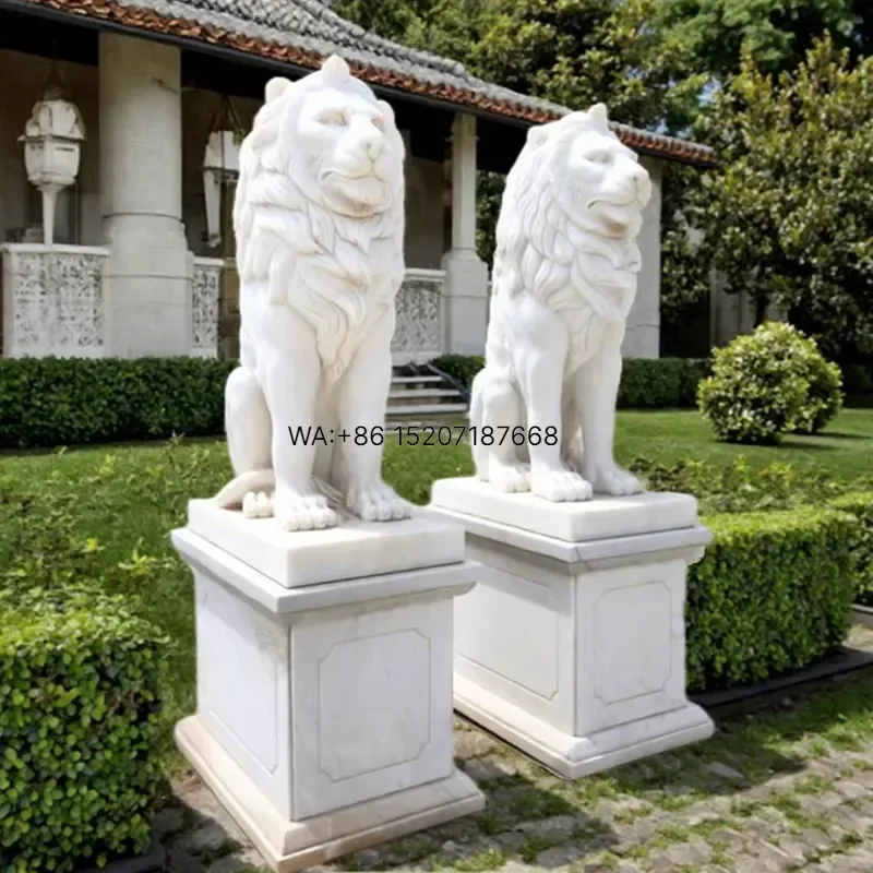 Wmwmnu Large White Natural Marble Lion Statue Sitting Garden Decoration Outdoor Yard Ornament Sculpture for Home Patio Lawn
