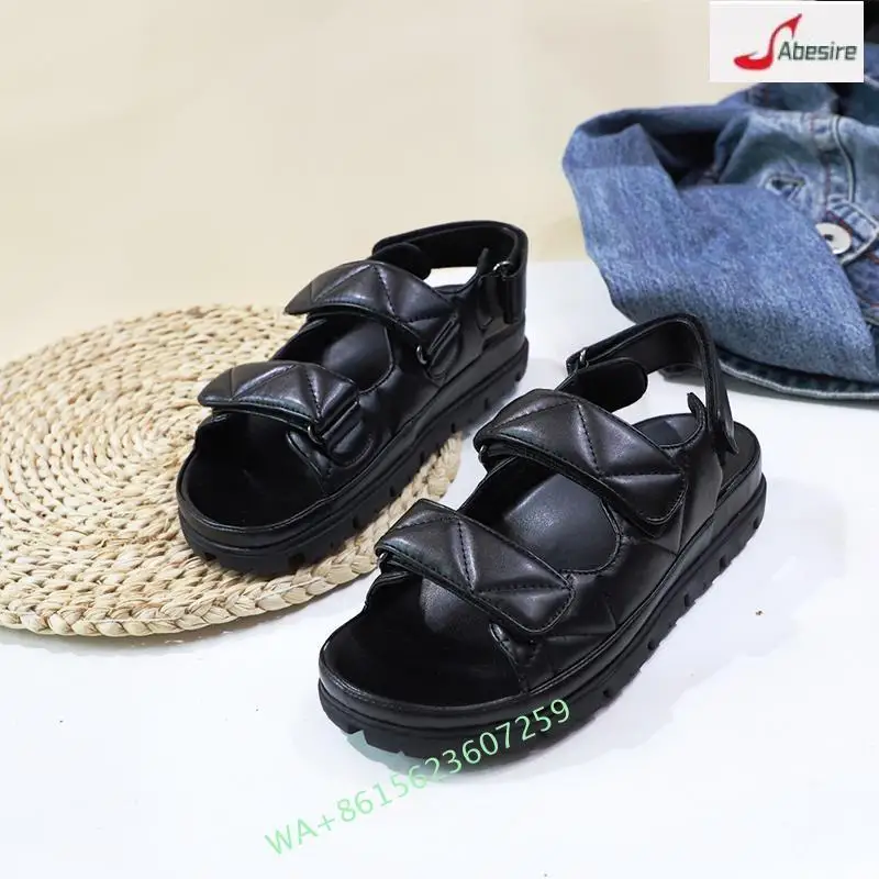 Summer New Women Sandals Vegan Leather Platform Hook-And-Loop Slingback Casual Sandals Open Toe Black Handmade 35-40