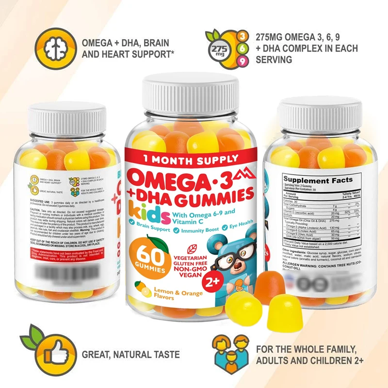 Vegetarian Omega 3 gummies, suitable for children and toddlers (60 pills), containing Omega 6 and 9, without fish oil and gluten