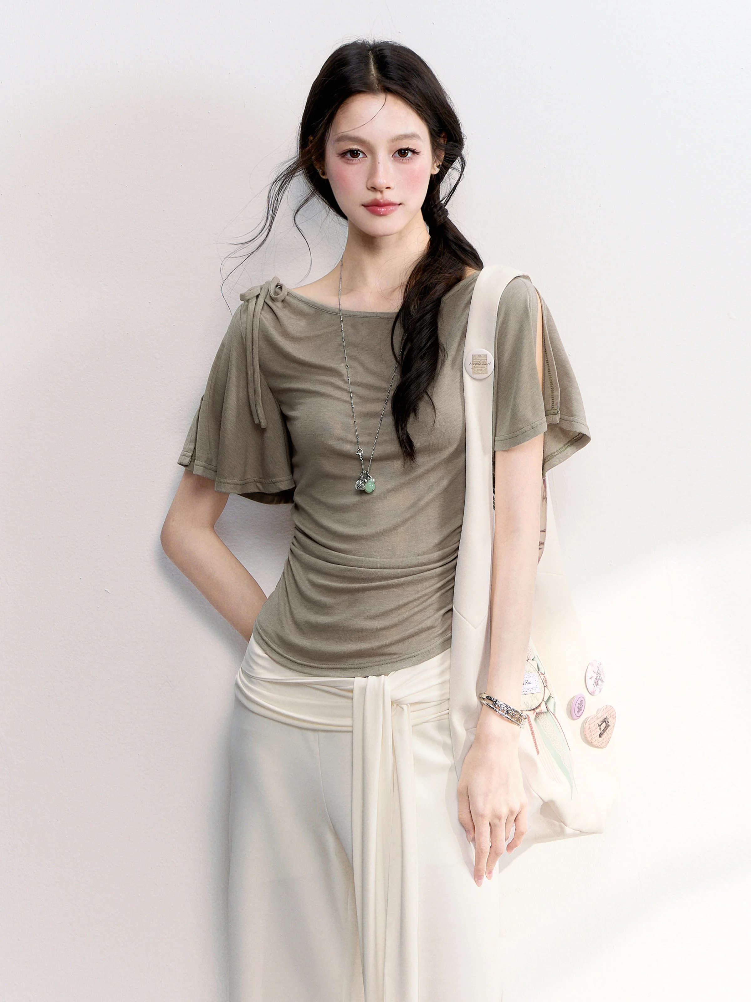 Fragile Heart Korean Style Slim Fit T-Shirt Cool Sensation Short Sleeve Waist Cinched Versatile Top for Ladies Summer Wear