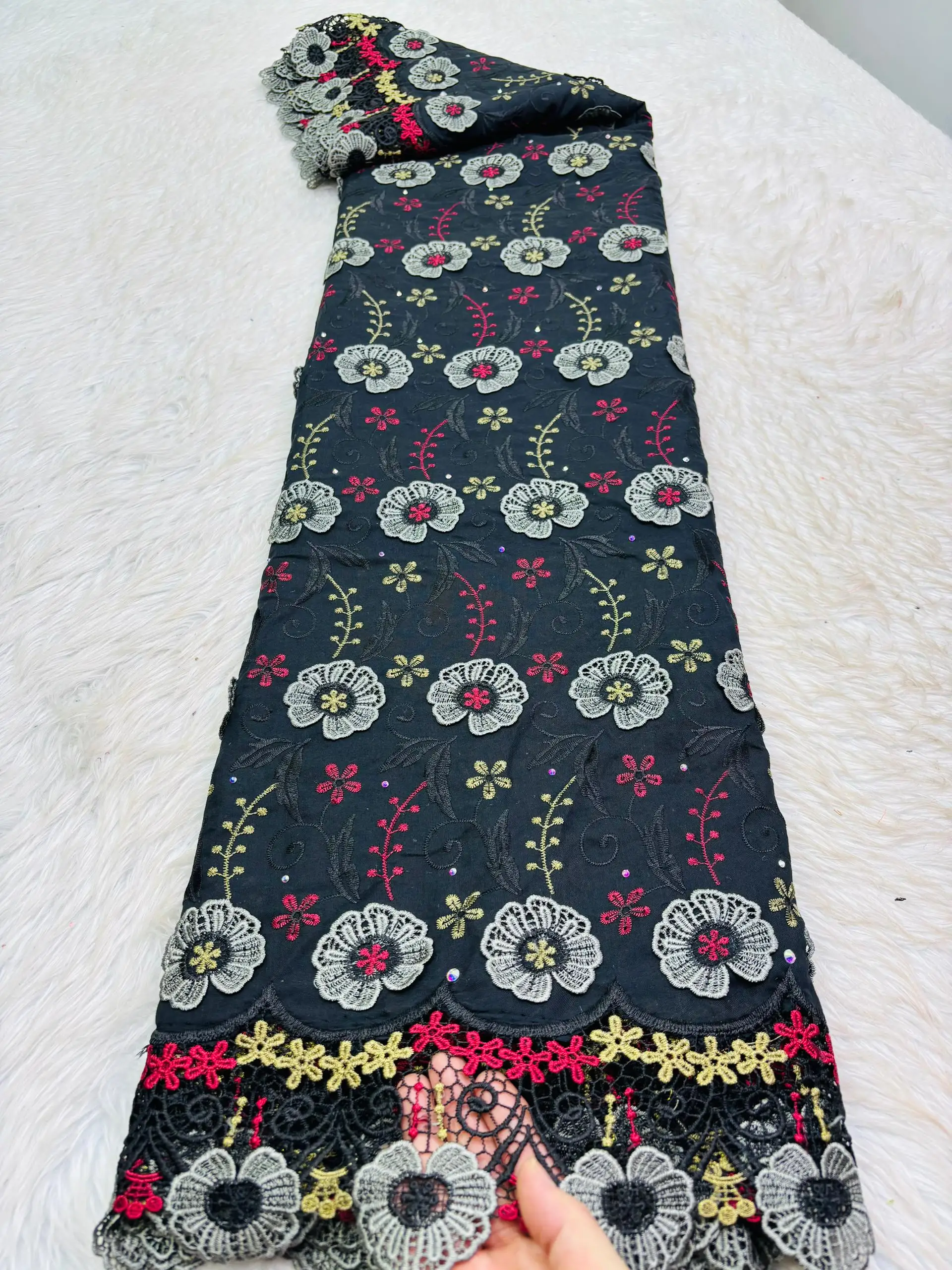 

5yards African Swiss Voile Lace Fabric Black Material 3D Follower 100% Cotton Embroidery Popular Dubai Style For Wedding H1105-1