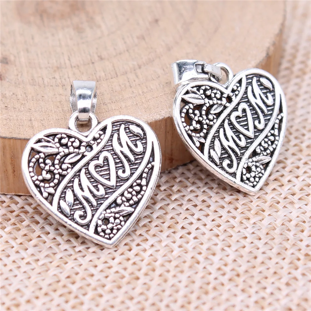 WYSIWYG 10pcs 18x18mm Antique Silver Color Mom Heart Charms Pendant For DIY Jewelry Making Handmade Jewelry Craft Findings