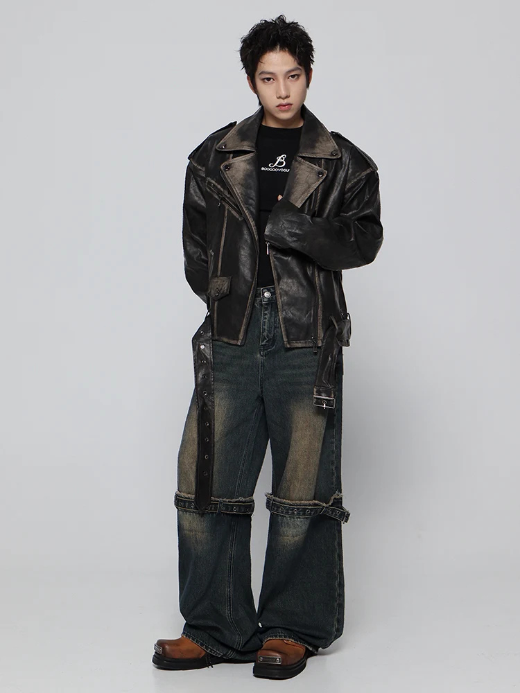 Mauroicardi Spring Cool Handsome Vintage Distressed Black Pu Leather Biker Jacket Men Belt Zipper Loose Unisex Clothes 2024 14 S619ca216f87340bfbda3ea589cc4b1275