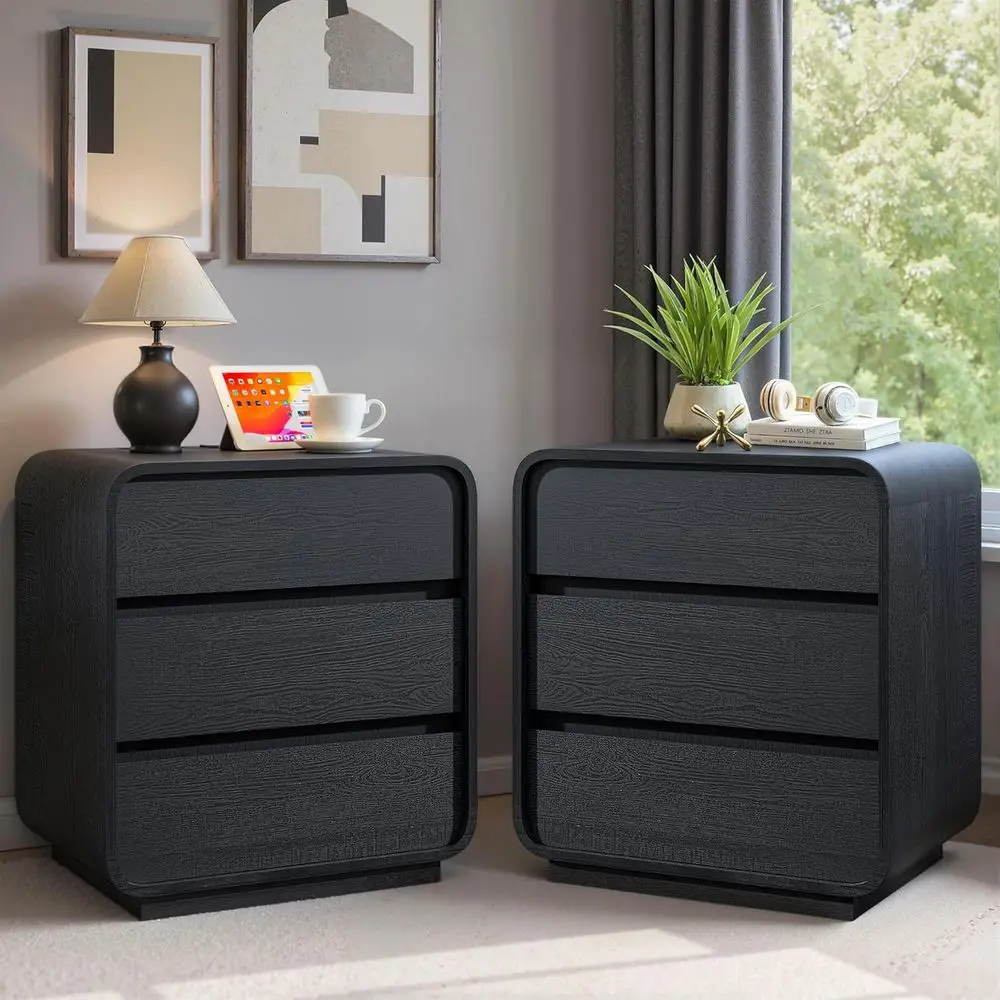 

23.2 Tall Wood Nightstand Set with Charging Station and Storage Drawers for Bedroom or Office