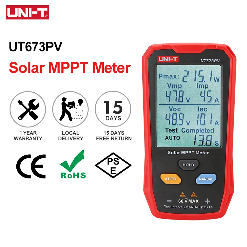 UNI-T Solar MPPT Meter UT673PV 5~800W PV Module Maximum Power Tester Open Circuit Voltage Short Circuit Current Lmp Vmp Test