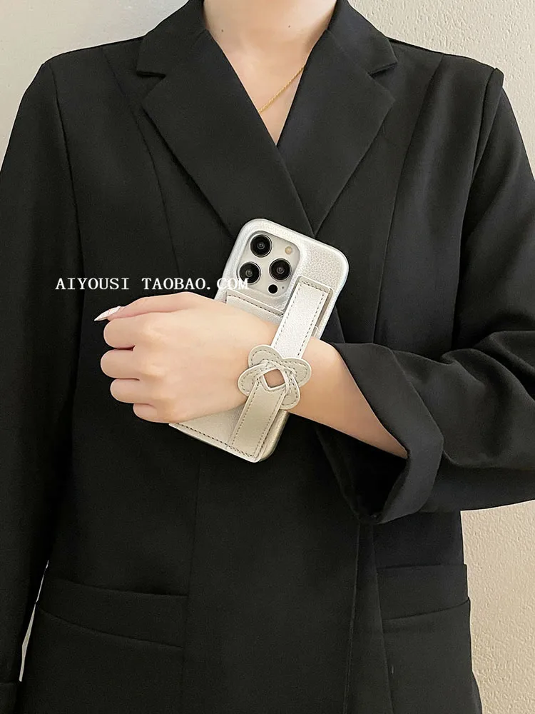 Silver Wristlet Card Case for Apple 14promax Case iphone13promax Wristlet iphone12 Simple Leather 11 Insert Card Case i14/13pro - view 3