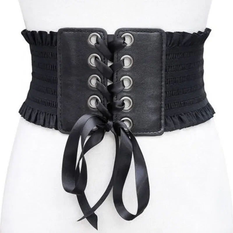 Fashion Gothic Elastic Belts for Woman Sexy Black Pu Leather Wide Corset Belt Female Cinturones Para Mujer Heart Cummerbunds