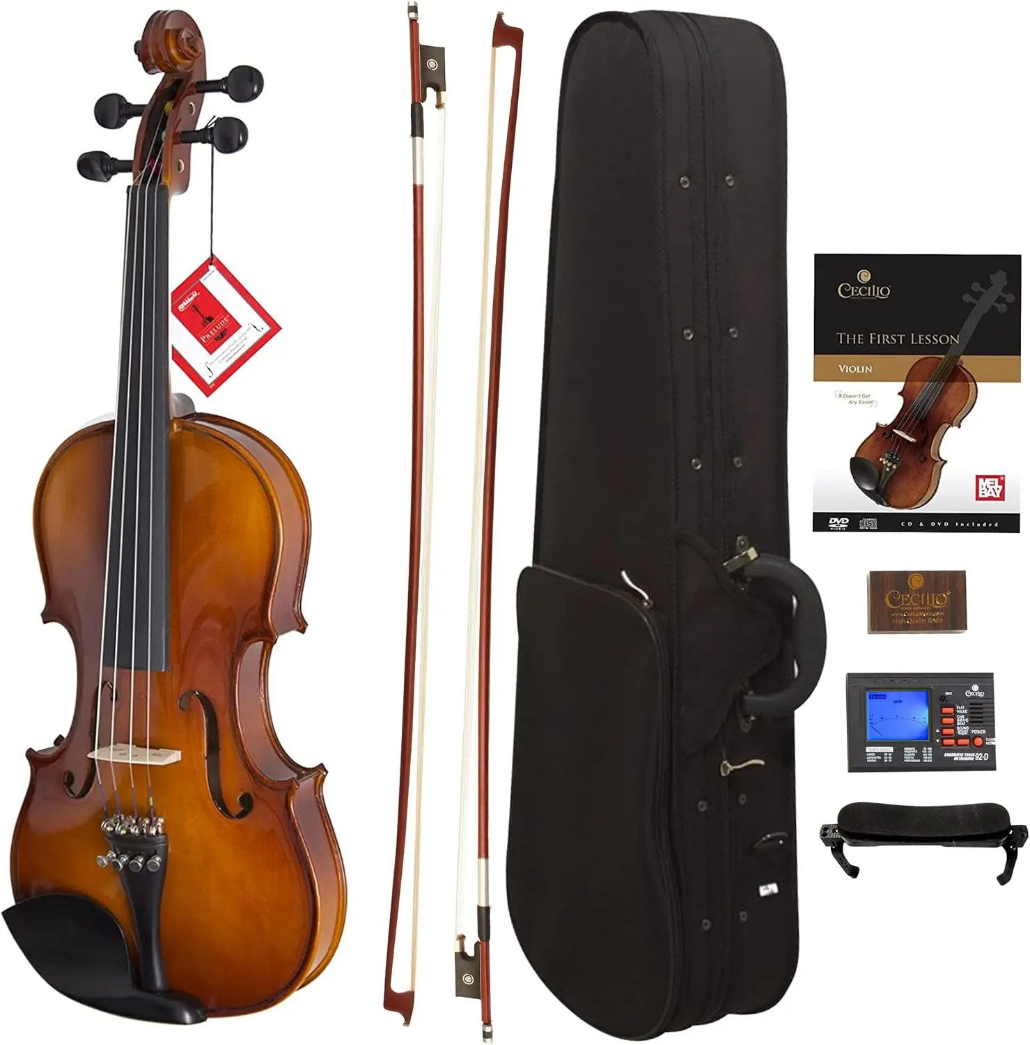 CVN-300 Solidwood Ebony Fitted Violin with D'Addario Prelude Strings, Size 4/4 (Full Size)