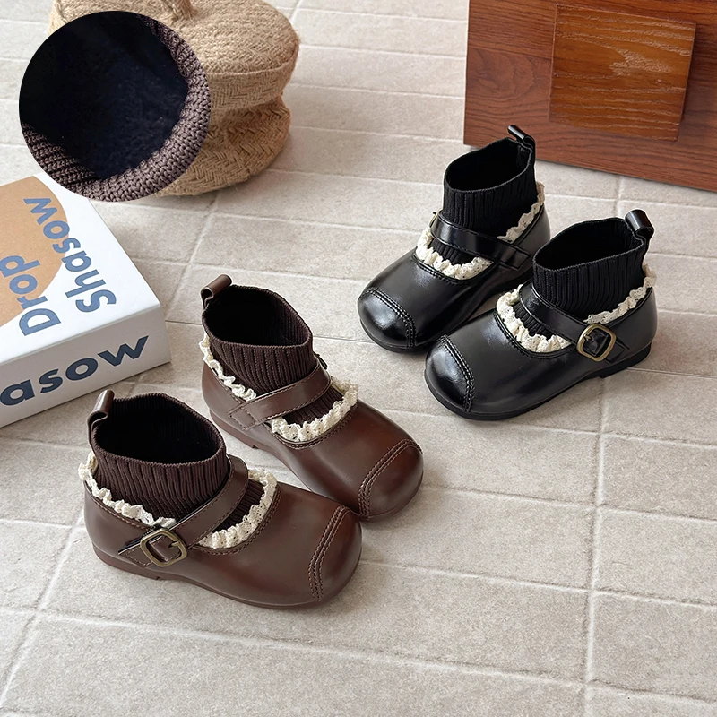 

Children's Boots Winter Girls Korean Style Lace Elastic Socks Short Boots Kids Toddlers Princess Fashion Calm-length Ankle Boots
