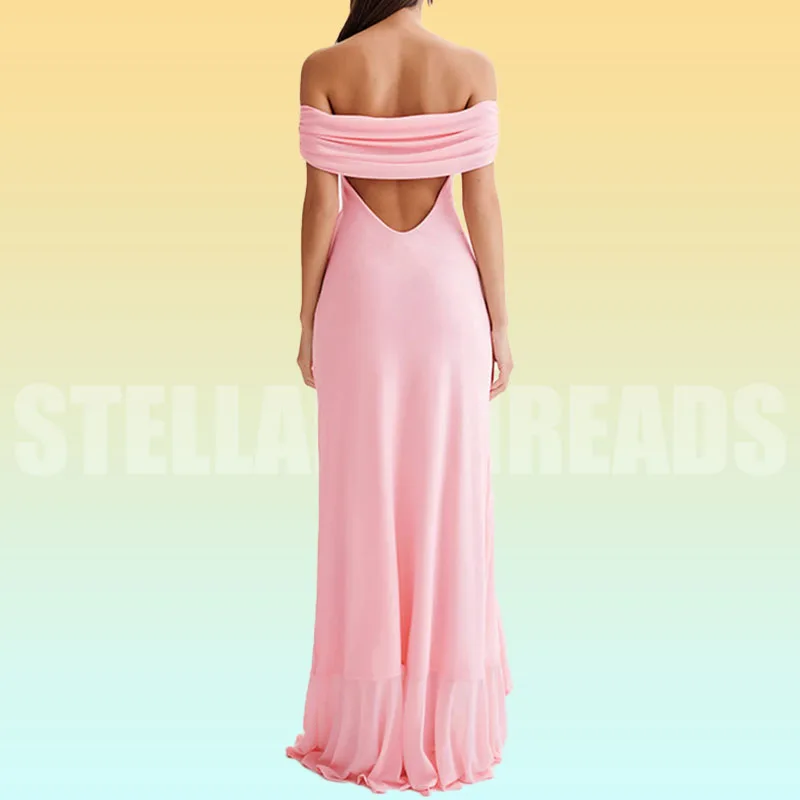 Women's Elegant Pink Off-Shoulder Ruffled High-Slit Bodycon Maxi Dress with Flowy Hem and Glamorous Design