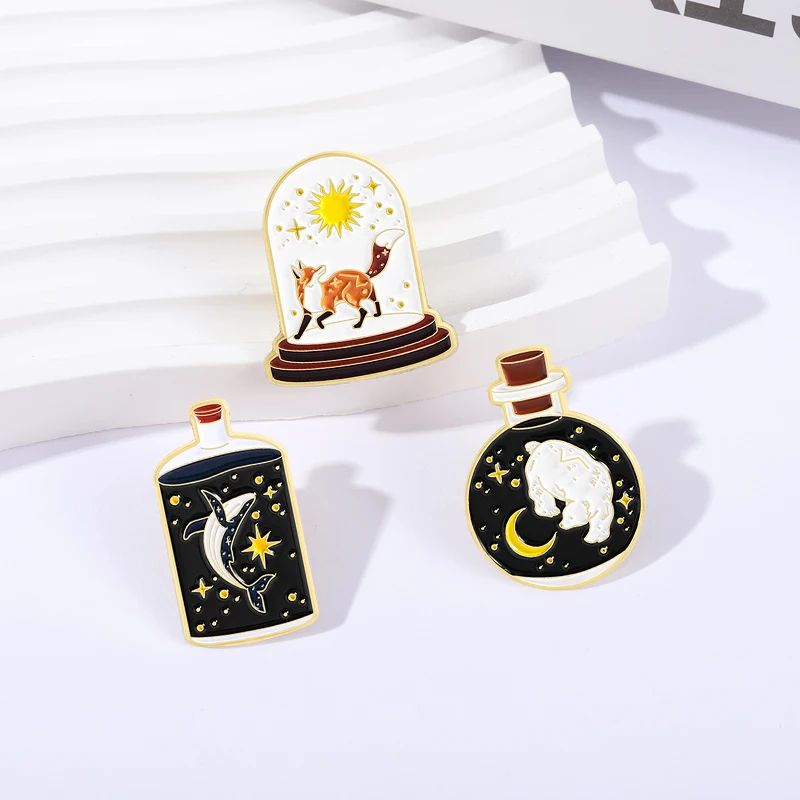 Mystical Celestial Fox Sun Enamel Pins Star Whale Moon Bear in Bottle Animal Celestial Bodies Brooches Lapel Badge Jewelry Gifts