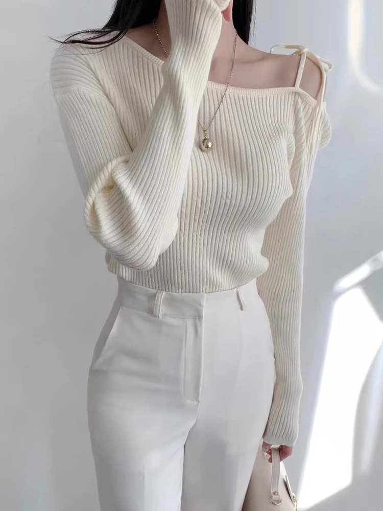 Irregular Skew Collar Ropa Mujer Off Shoulder Lace-up Roupas Feminina Fall Woman 2024 Tops Long Sleeve Sweater Korean Sueteres