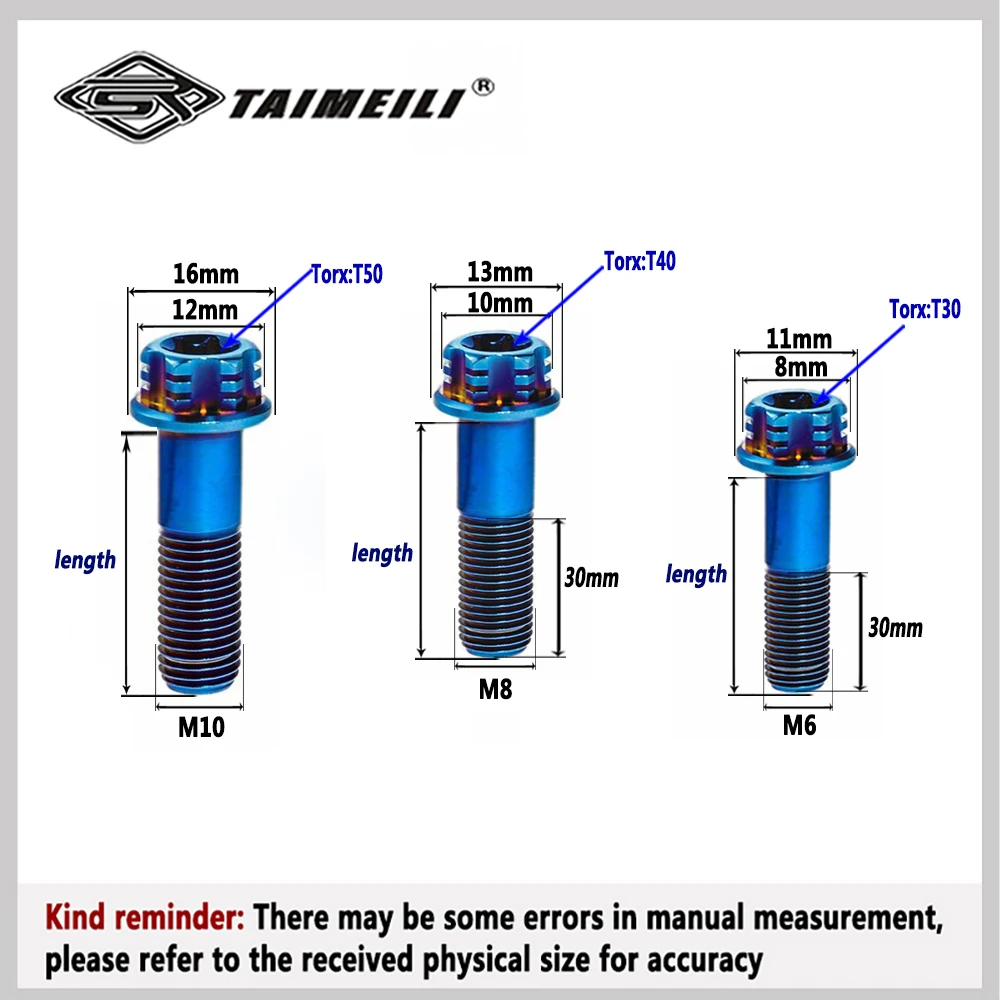 TAIMEILI śruba tytanowa, śruba kołnierzowa z łbem Torx M6M8M10x15/2025/3035/40/55/60/70mm gwint skok 1.25/1,5 hamulce motocyklowe