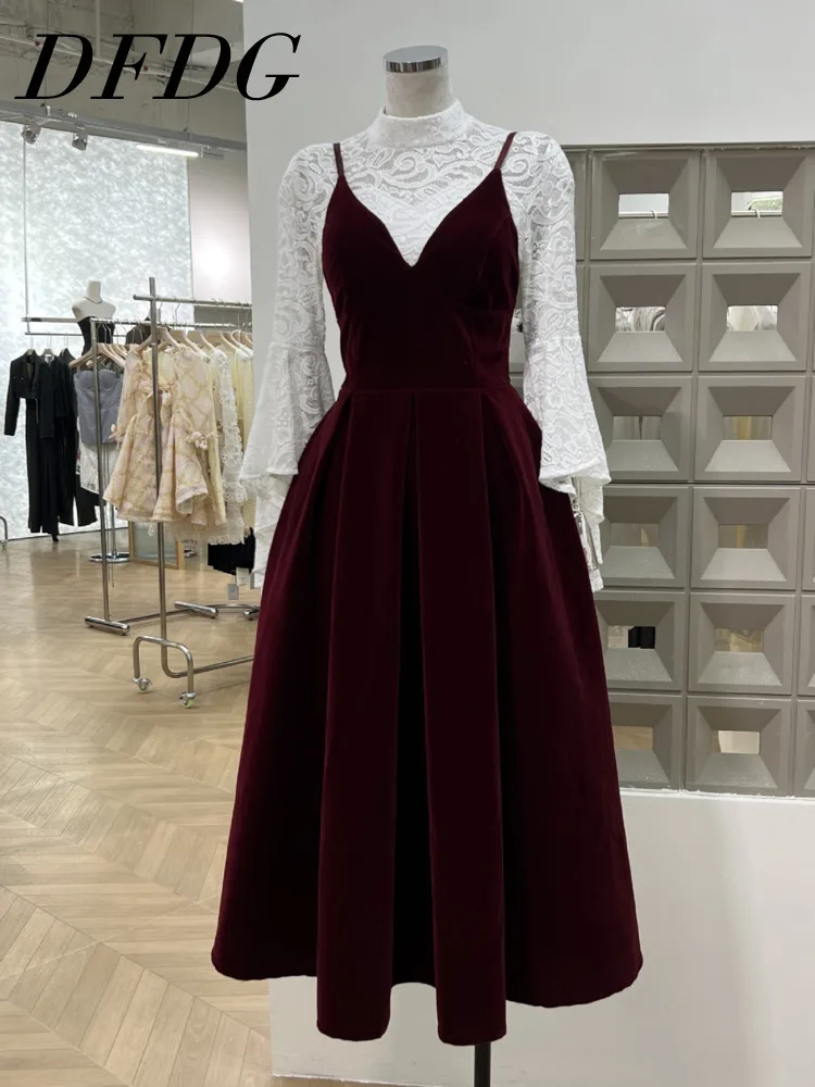 

DFDG 2025 New Women’s Elegant Two Piece Set Velvet Long Puffy Skirt Dress Lace Top Straps V-Neck Fitted Spring Summer Set