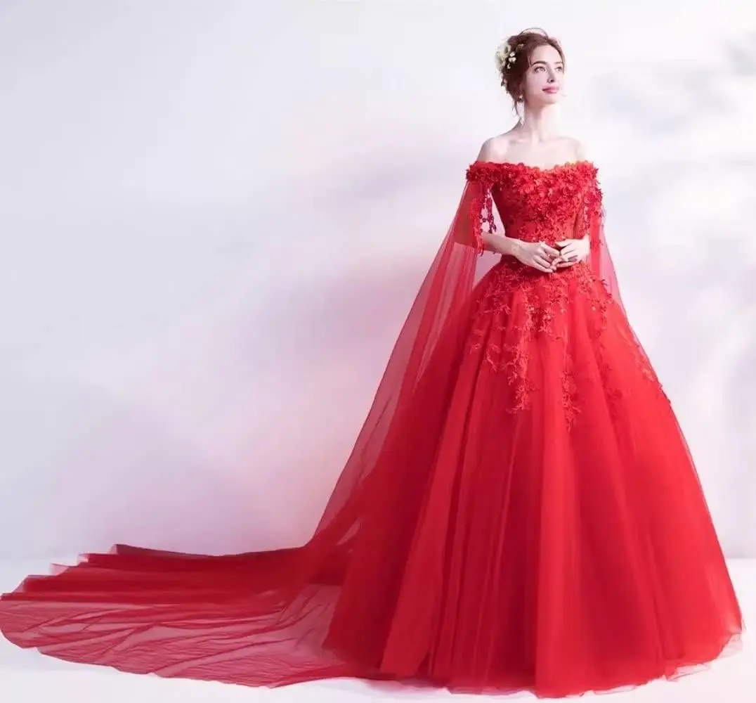 Gothic A-line Wedding Dress With Cape Off Shoulder 3D Flowers Formal Wedding Party Gown Quinceanera Dress 15 16 Sweet Ball Gown