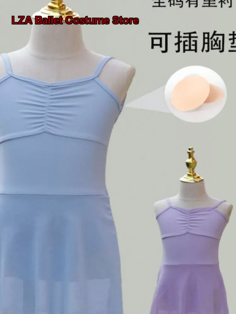 Nylon Children's Girls Dance Dress Summer Spaghetti Strap Body Suit Open Crotch Girls Chinese Gymnastics Leotard Kids