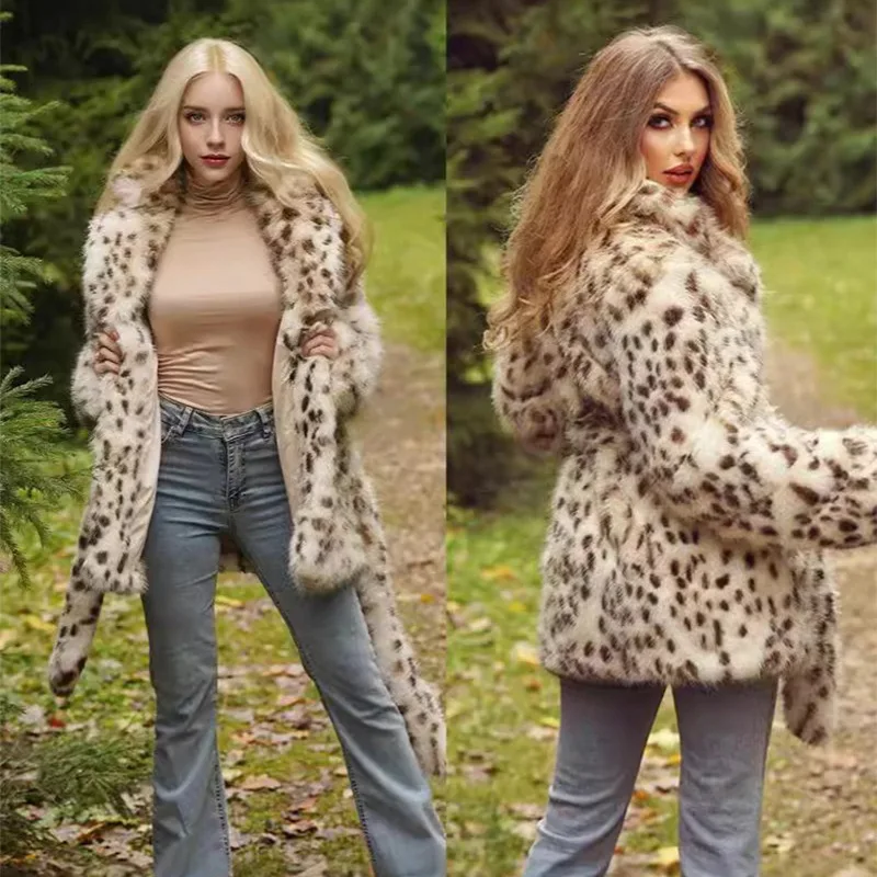 

Autumn Winter plus Size Women's Faux Fur Leopard Print Jaet Long Sve Suit Collar Mid-Length Top Pear ape Fit
