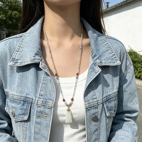 Golden Silk Jade Peace Pendant, Freshwater Pearl Necklace, Crystal Medium-Length Sweater Chain, 70cm Length, Adjustable.