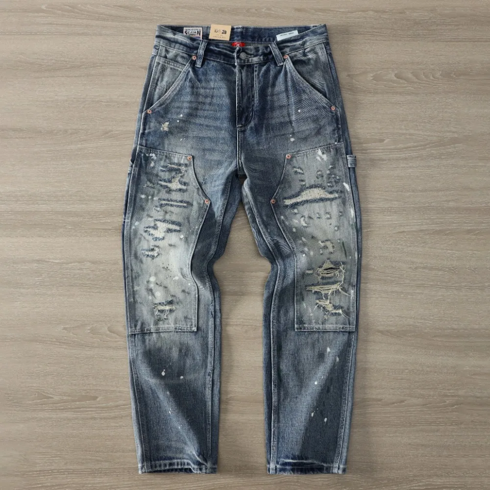 

15.5 oz heavy anti-washing loose straight jeans autumn and winter men's ripped work pants