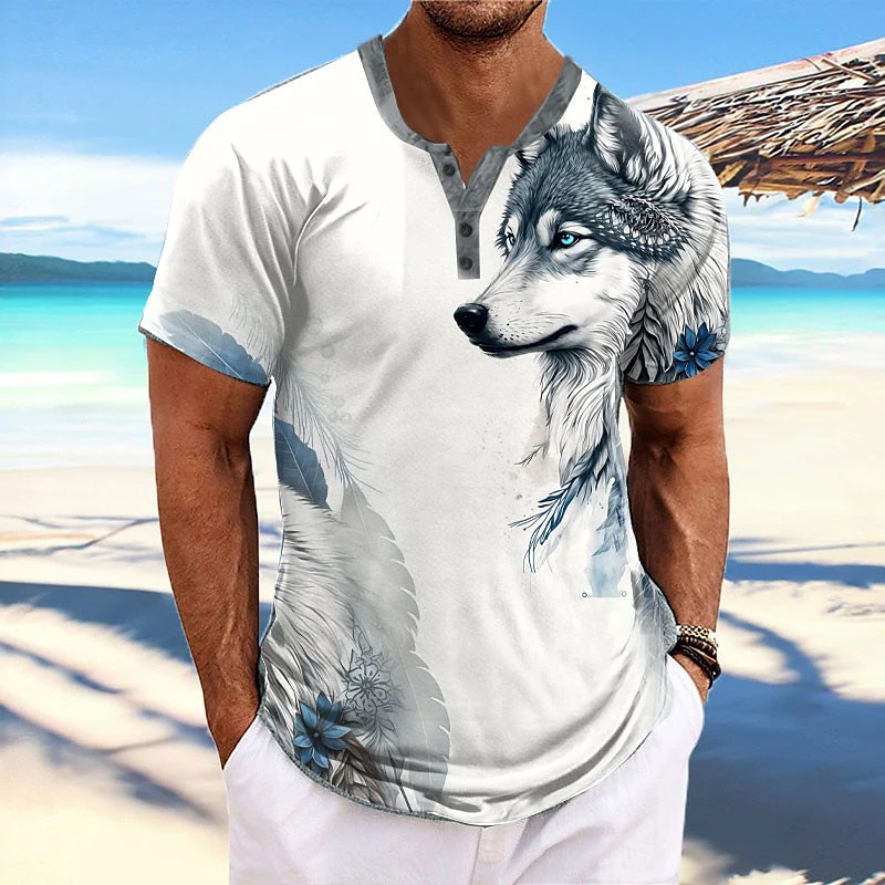 

Fashion 3D Tiger Pattern Men's Henley Shirts Funny Wolf Print Henry Collar Short Sleeve Tees Streetwear Summer Trend Loose Tops