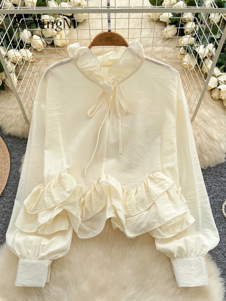 Beiyingni Camicette da donna coreane di moda Chic manica lunga con lacci Top femminile Albero commestibile Fungo Casual Increspature irregolari Blusas