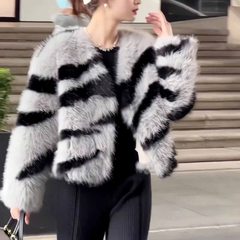 

Новая зимняя мода с рисунком зебры, женская шуба из искусственного лисьего меха, женские толстые шубы