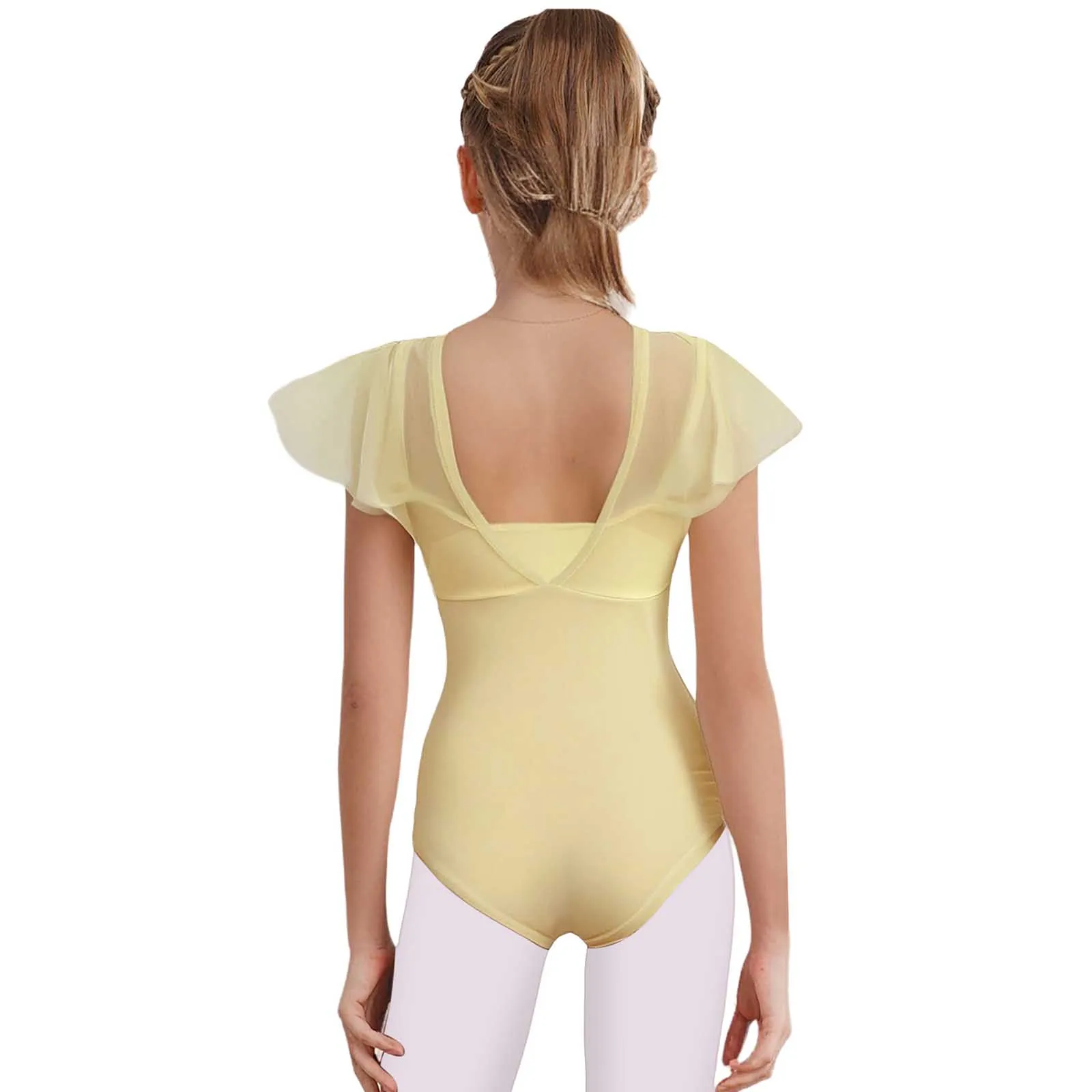 Kid Girls Sheer Mesh Overlay Bodice Leotards Bodysuits Ballet Gymnastic Skating Costume Ruffled Sleeves Dance Practice Jumpsuits