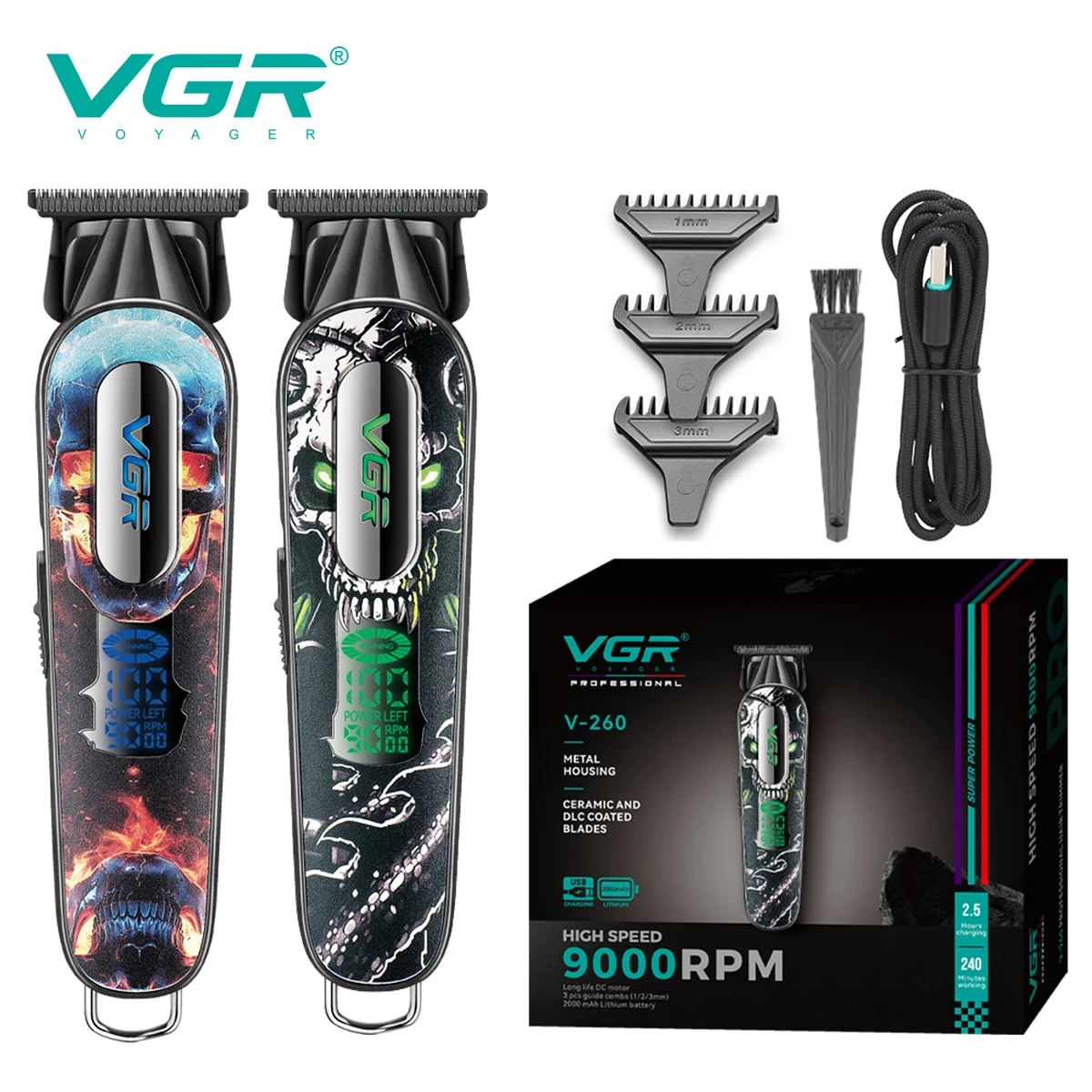 VGR V-260 professionnel hommes électrique Push tondeuse 9000 tr/min corps en métal alliage lame tondeuse à cheveux LED numérique Salon de coiffure ménage