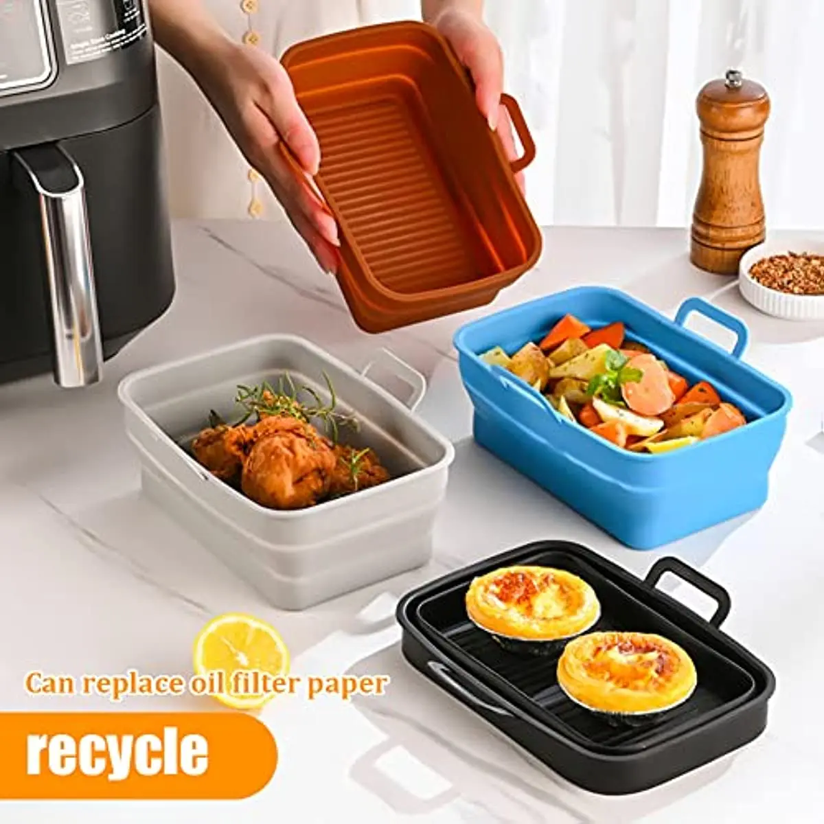 Rectangular Air Fryer Liners With Silicone Anti-Scalding Clip Baking Tray For Ninja Double Basket Foldable Silicone Fryer Plate