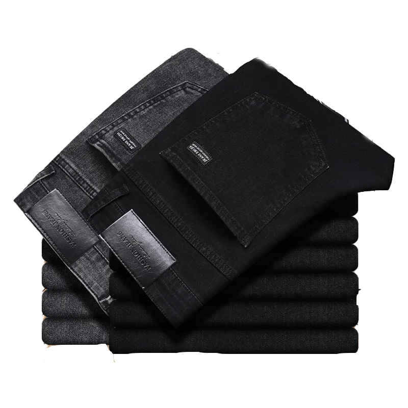 Брюки мужские стрейчевые, деловая мода, эластичные джинсовые классические брюки на молнии, серого и черного цвета