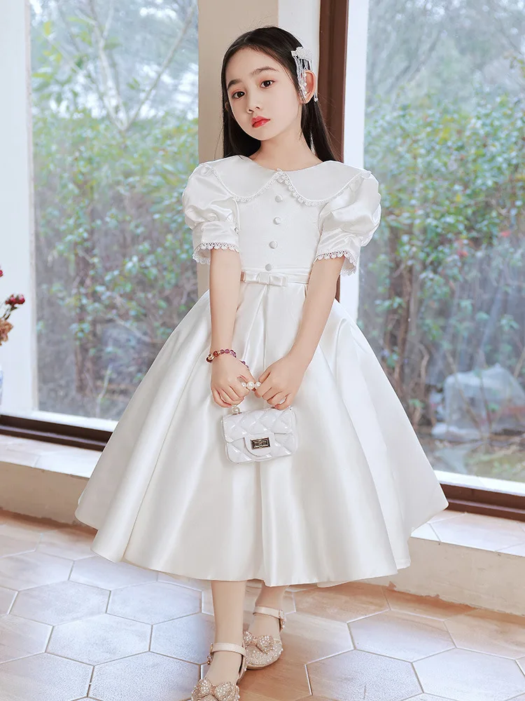 White Tulle Princess Puffy Sleeve Flower Girl Dresses Girl Wedding Party Dress Kid Brithday First Communion Gown Prom Vestido