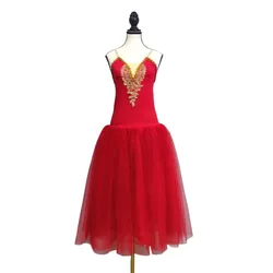 Red Performance Dance Clothes Stage Costume Long Tutu Princess Dress Stiff Hark Mesh Sling Fluffy Clothing