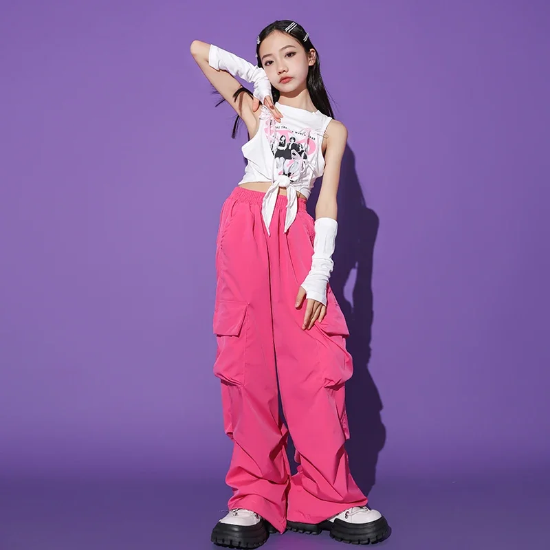 Kids Hip Hop Clothing White Crop Tank Tops with Gloves Rose Pink Casual Cargo Pants for Girl Jazz Dance Costumes Street Clothes