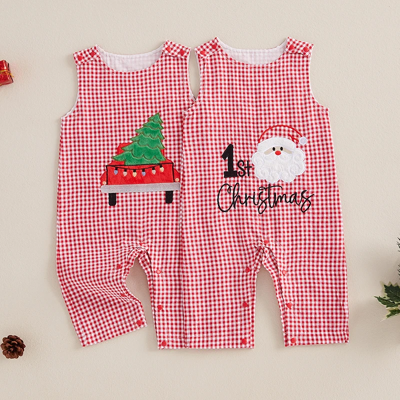 

2024-08-10 Lioraitiin Baby Girls Overalls Romper Plaid Christmas Embroidered Sleeveless Round Neck Adorable Jumpsuit