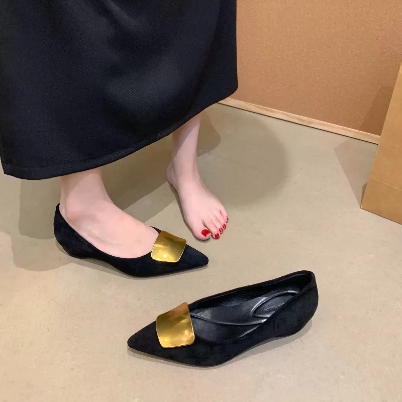 French Metal Square Buckle Shallow Mouth Single Shoes Female Pointed Head Commuting Within The High One Foot Stirrups