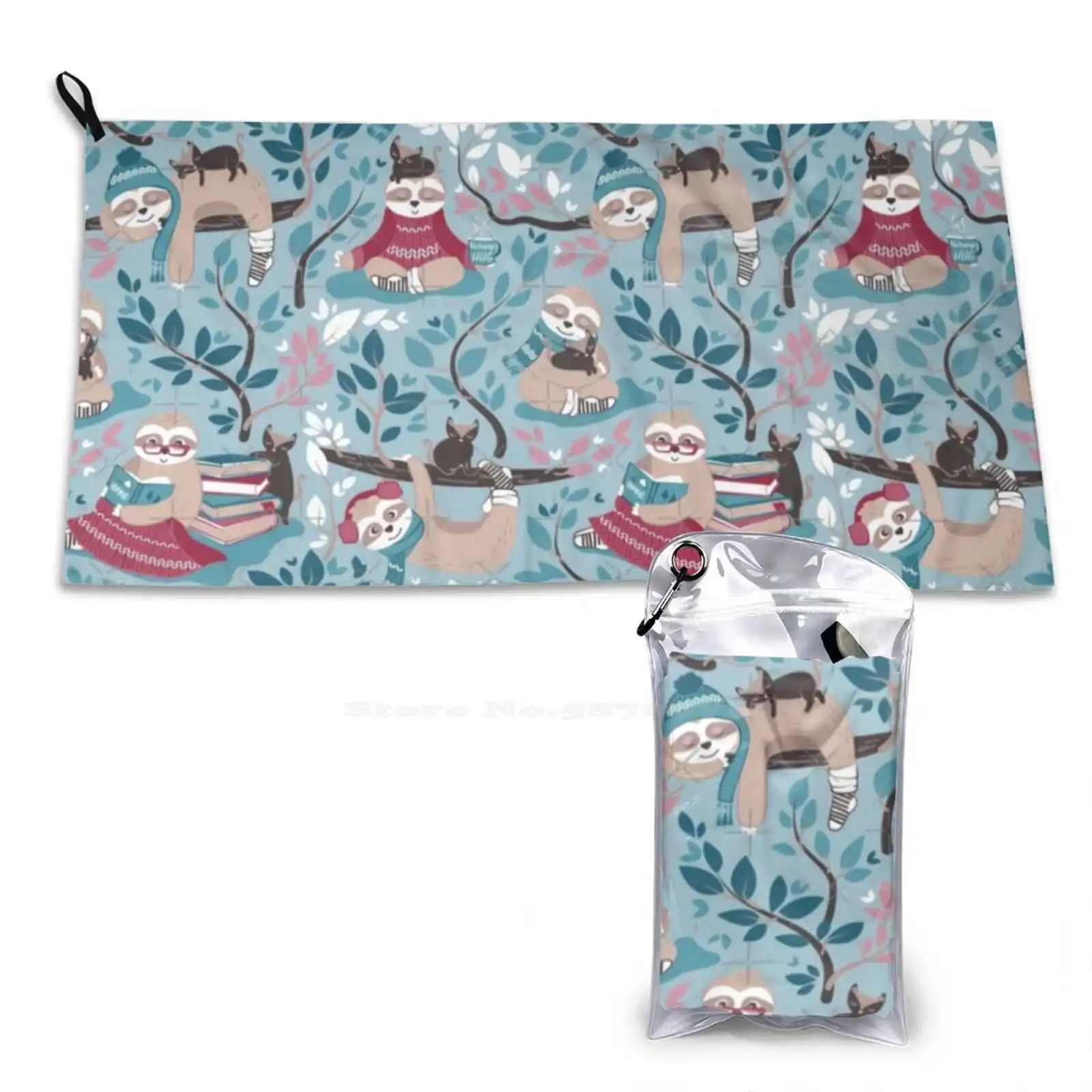 Hygge Sloth / / Small Scale / / Pale Blue And Red Soft Towel Quick Dry Beach Towel Hygge Sloth Illustration Cats Kitties