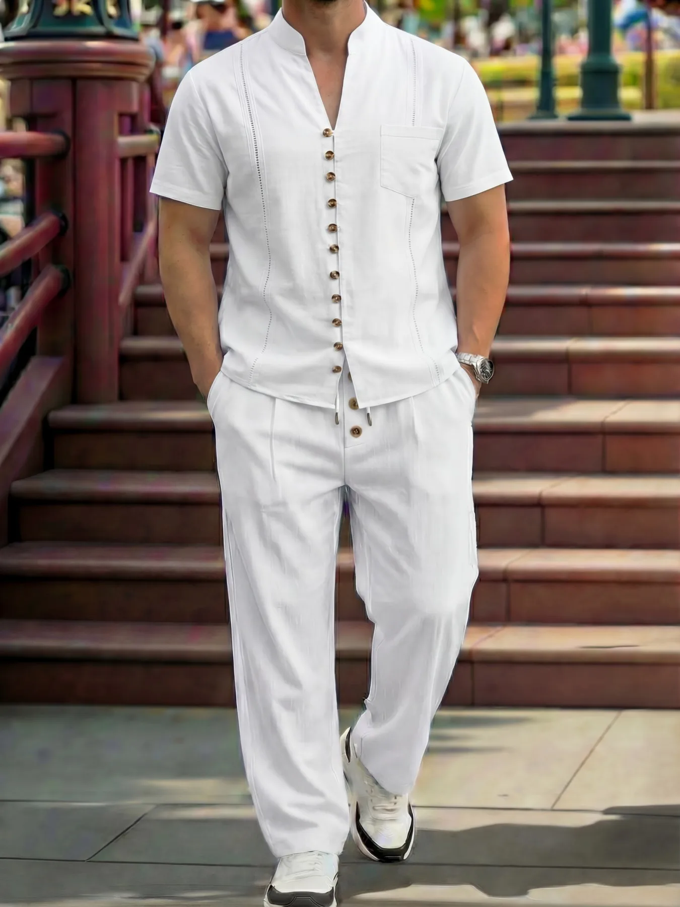 Nouvel arrivage : Ensemble décontracté homme style cubain à manches courtes et col montant pour la plage 2026