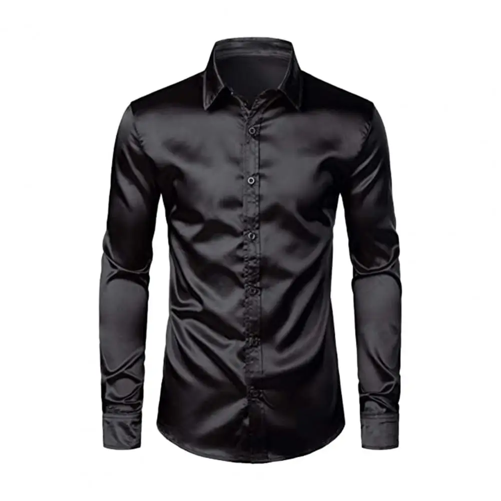 Polyester Men Shirt Silky Soft Solid Color Cardigan for Women Men Lapel Collar Long Sleeve Button Shirt for Fall Spring Men Long