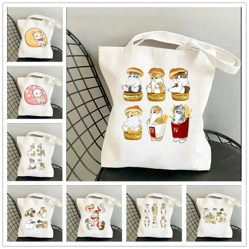 Lovely Cat Women Tote Shoulder Bags Eco Harajuku Shopper Shopping Canvas Bag Kawaii Reusable Handbag for Lady Girls No Zipper