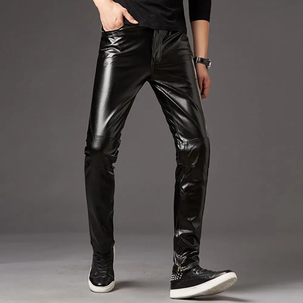 Men Trousers  Solid Color   Men Motorcycle Pants Smooth Surface Slim Fit Pencil Trousers