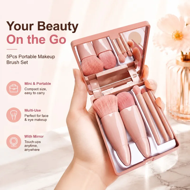 Portable 5 Pieces Mini Makeup Brush Set with Built-in Mirror Multifunctional Soft Fiber Cosmetic Brushes Compact Travel Kit