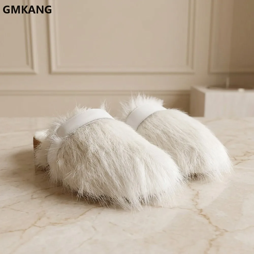 Furry Mules for Women Leather Strap Cork Sole Warm Lined Slide Sandals Cozy Indoor Outdoor House Slippers Comfort