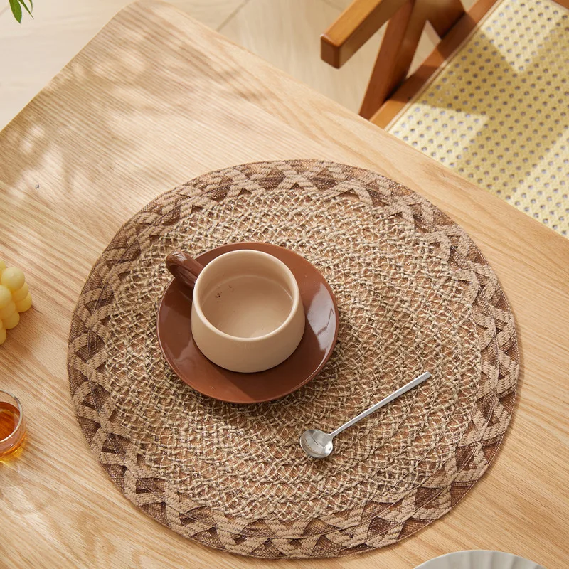 6pcs Round Woven Jute Placemats Set Rural Natural Style Non-Slip Heat Resistant Placemats For Wedding Kitchen Table Decor